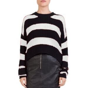 The Kooples Black White Striped Cropped Sheer Knit Sweater Size M